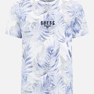 GUESS White & Light Blue Palm-Print Short Sleeve Tee